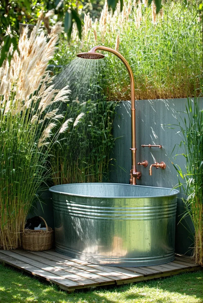 vintage-inspired outdoor shower with galvanized tub and wild grass backdrop 1