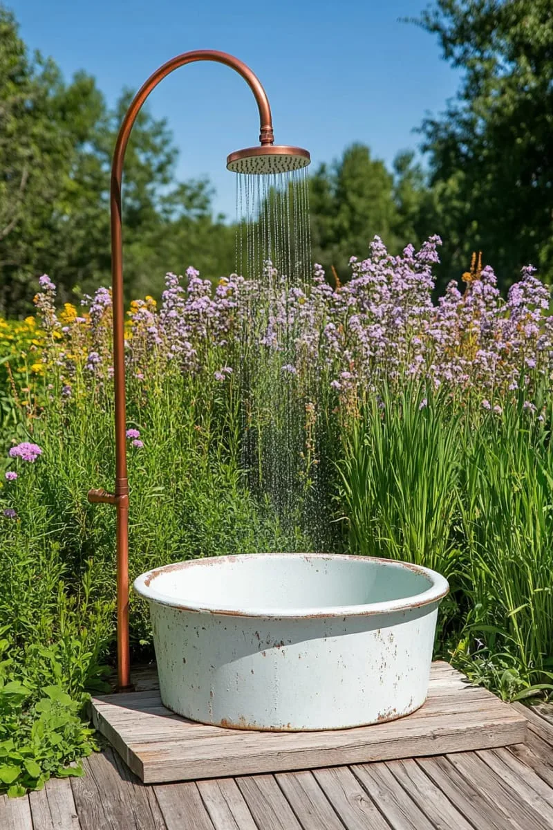 vintage-inspired outdoor shower with galvanized tub and wild grass backdrop 1