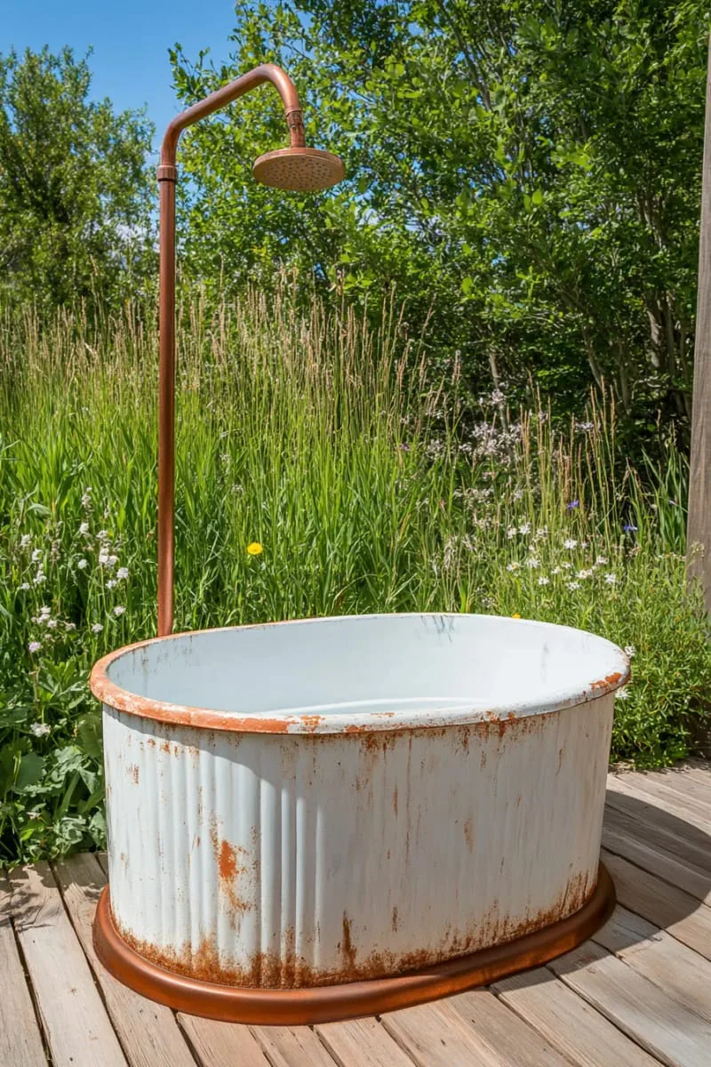 vintage-inspired outdoor shower with galvanized tub and wild grass backdrop 1