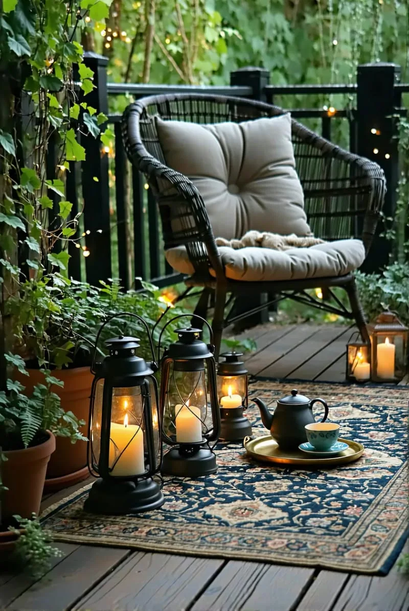vintage lanterns paired with patterned outdoor rugs 1