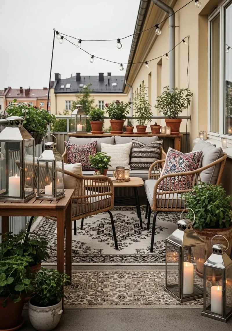 vintage lanterns paired with patterned outdoor rugs 1
