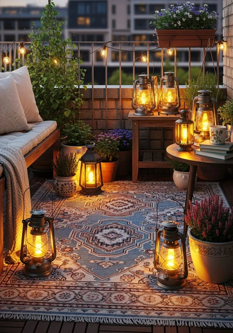 vintage lanterns paired with patterned outdoor rugs 1