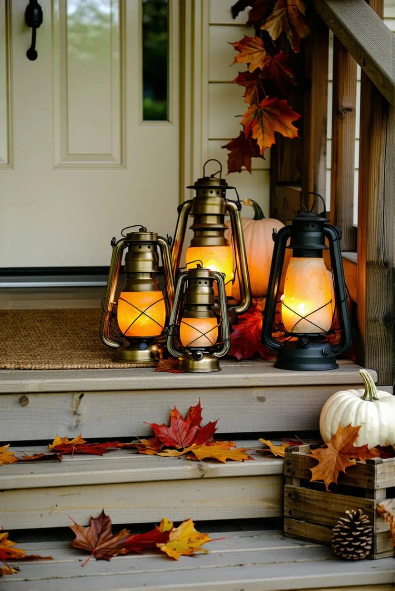 vintage lanterns surrounded by scattered leaves on the porch steps 1