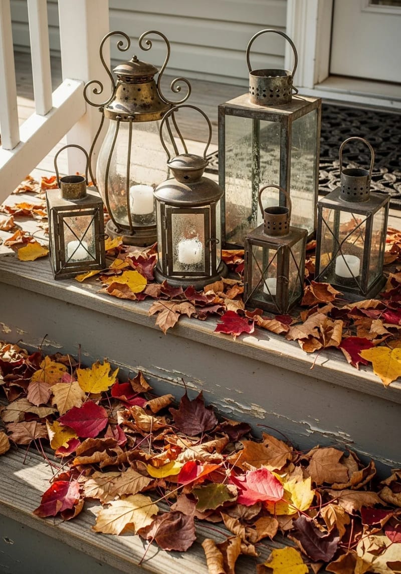 vintage lanterns surrounded by scattered leaves on the porch steps 1