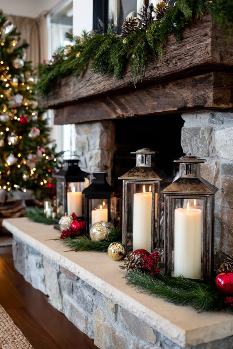 vintage lanterns with pillar candles by the fireplace hearth 1