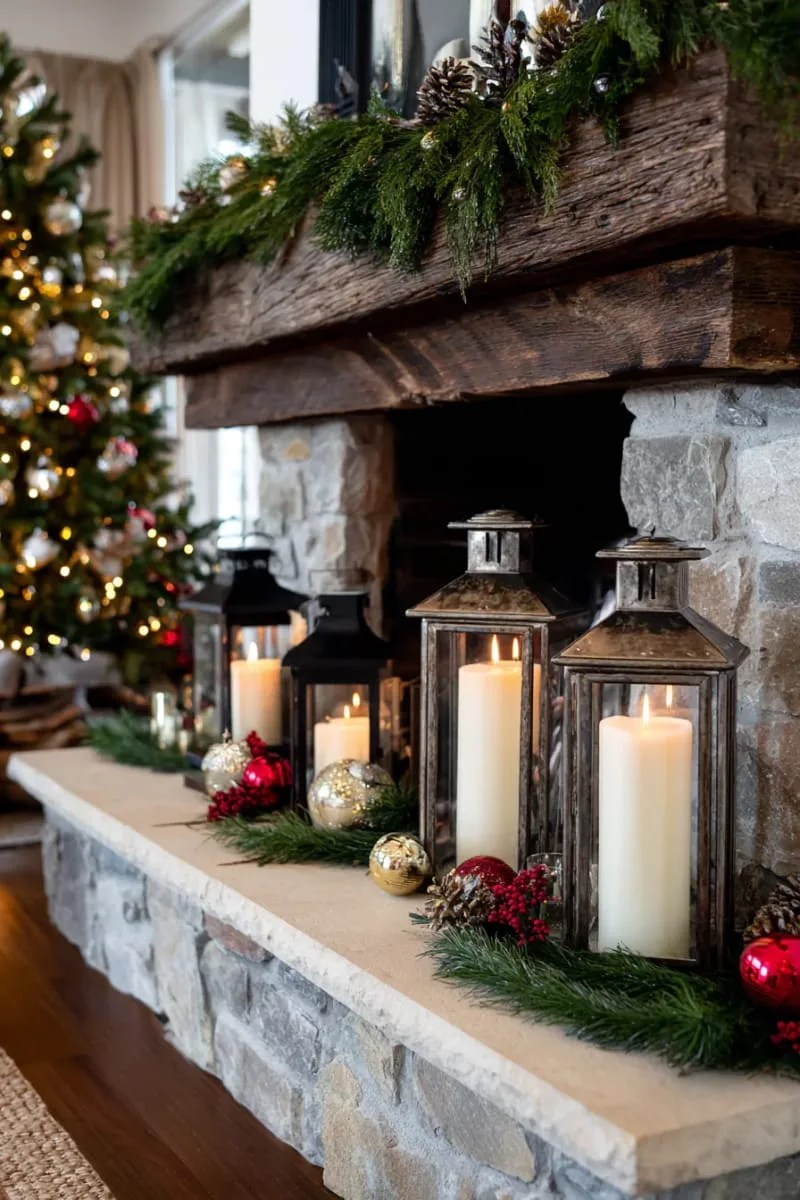 31 Trendy Christmas Decor Ideas for a Magical Home 60 vintage lanterns with pillar candles by the fireplace hearth 1