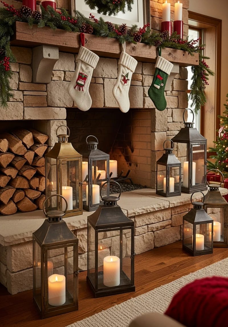 vintage lanterns with pillar candles by the fireplace hearth 1