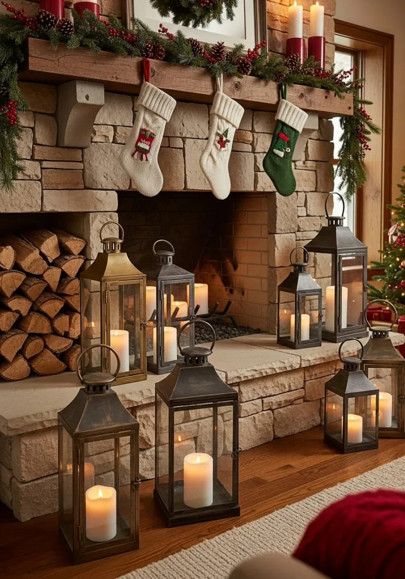 31 Trendy Christmas Decor Ideas for a Magical Home 61 vintage lanterns with pillar candles by the fireplace hearth 1