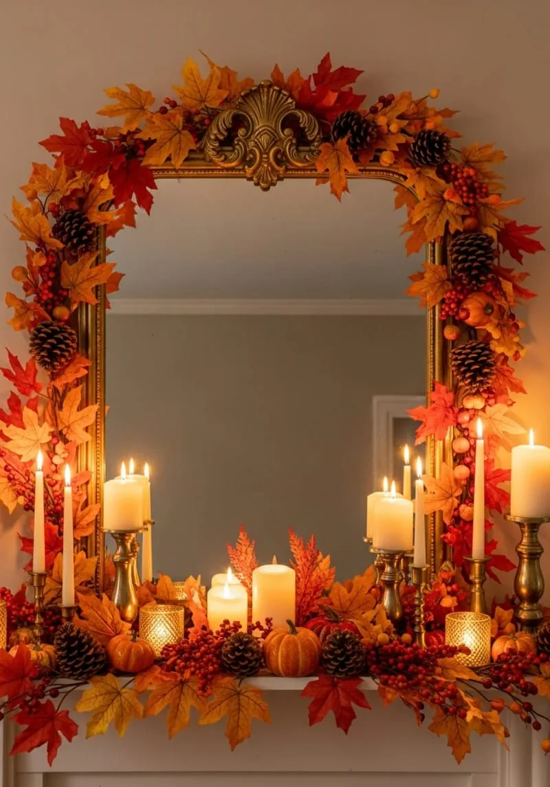 vintage mirror centerpiece surrounded by fall foliage garlands and candles 1