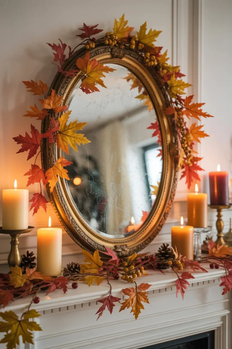 vintage mirror centerpiece surrounded by fall foliage garlands and candles 1