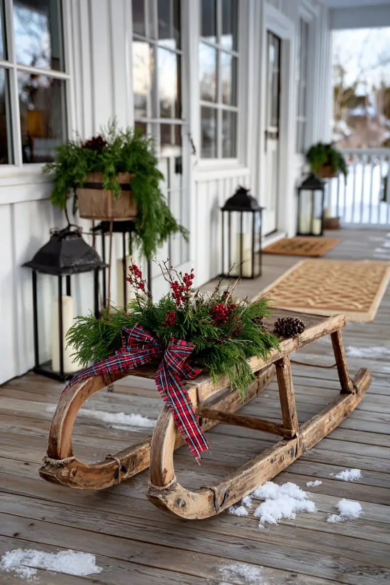 vintage sled decorated with greenery and plaid ribbon on the porch 1