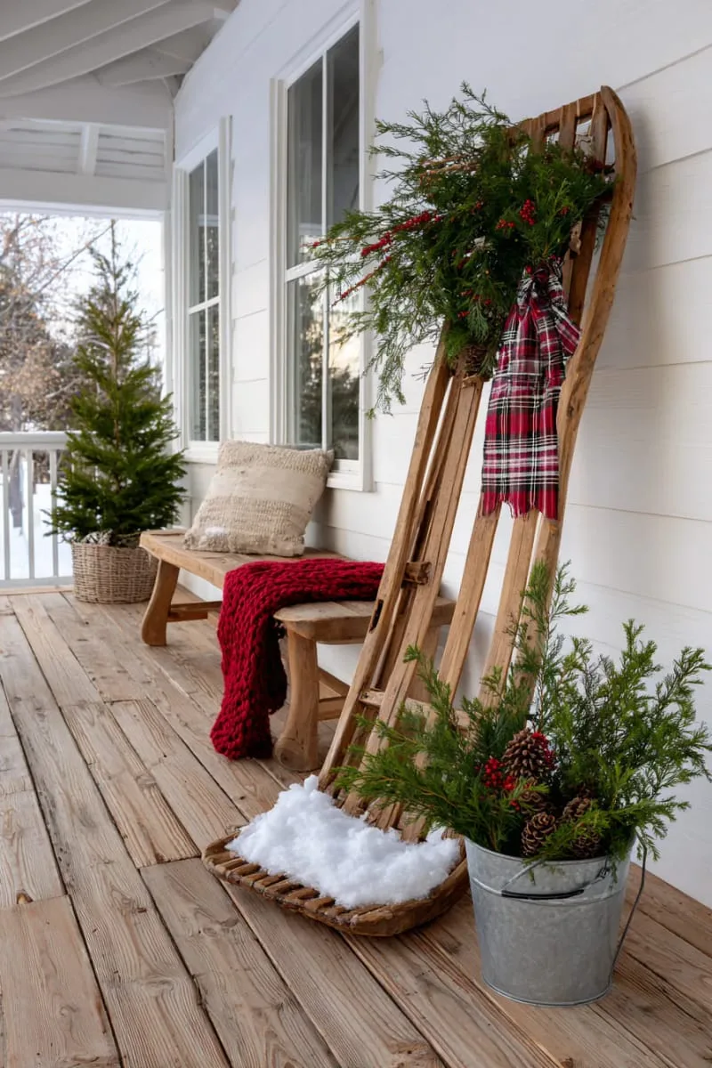 vintage sled decorated with greenery and plaid ribbon on the porch 1