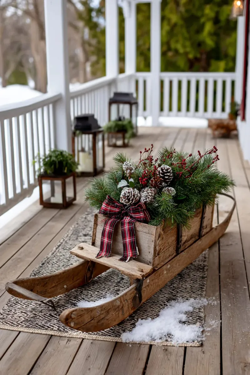 vintage sled decorated with greenery and plaid ribbon on the porch 1