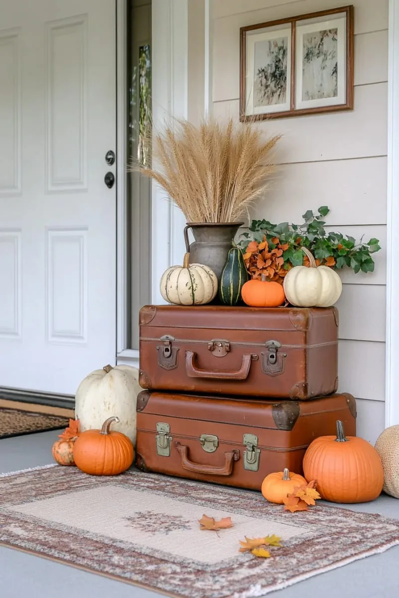 vintage suitcase stacked porch display with gourds and dried florals 1