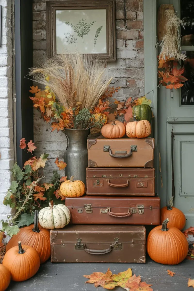vintage suitcase stacked porch display with gourds and dried florals 1