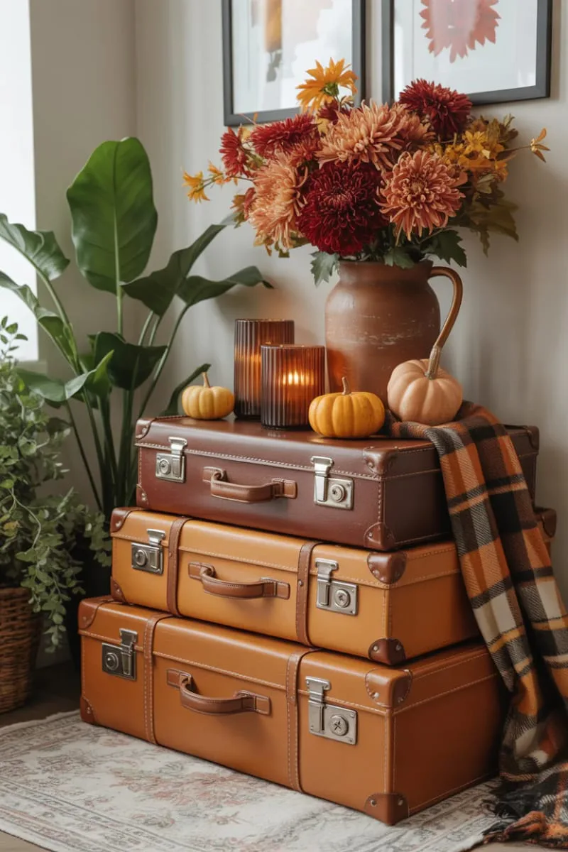 vintage suitcase stacked tables with fall floral arrangements 1