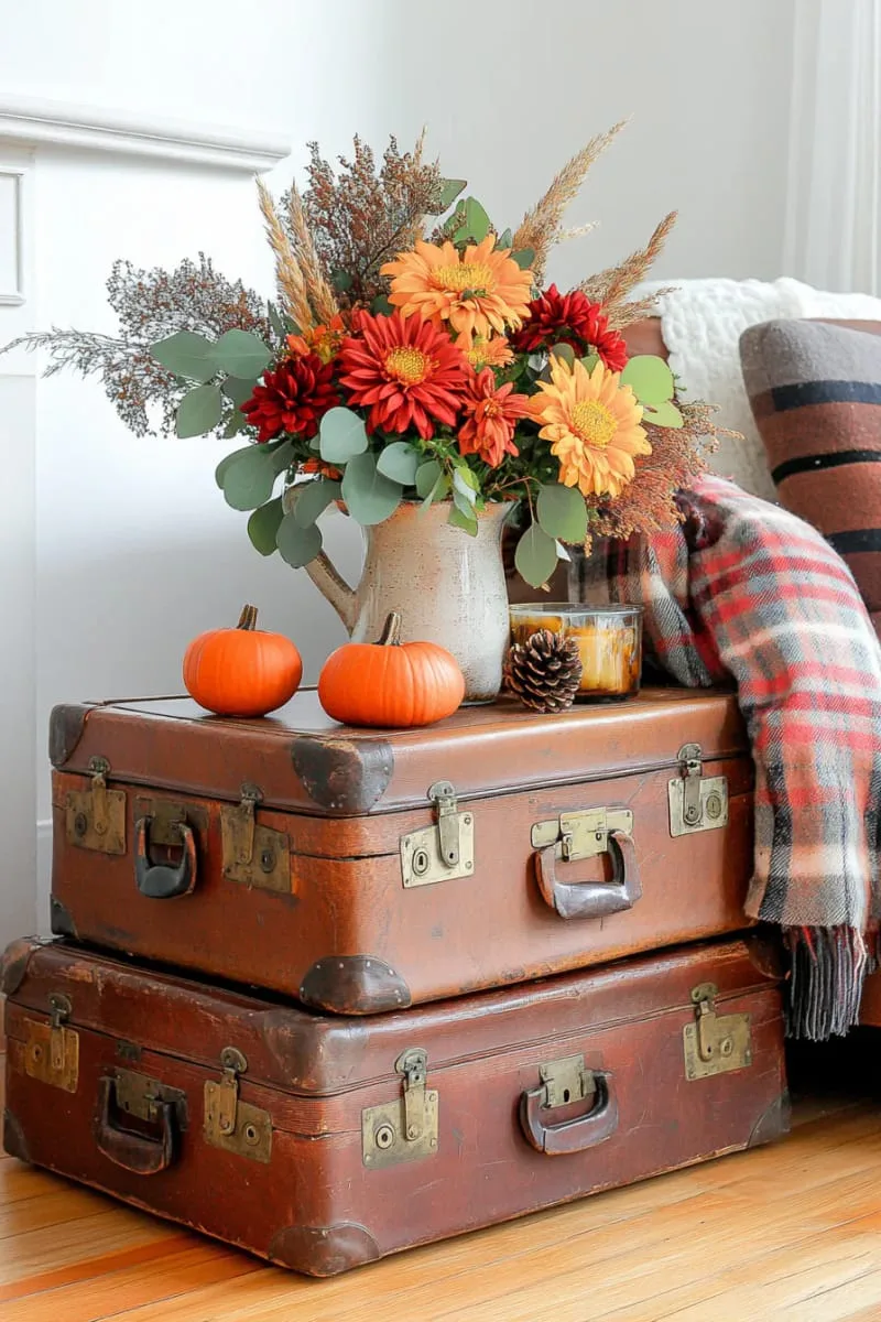 vintage suitcase stacked tables with fall floral arrangements 1