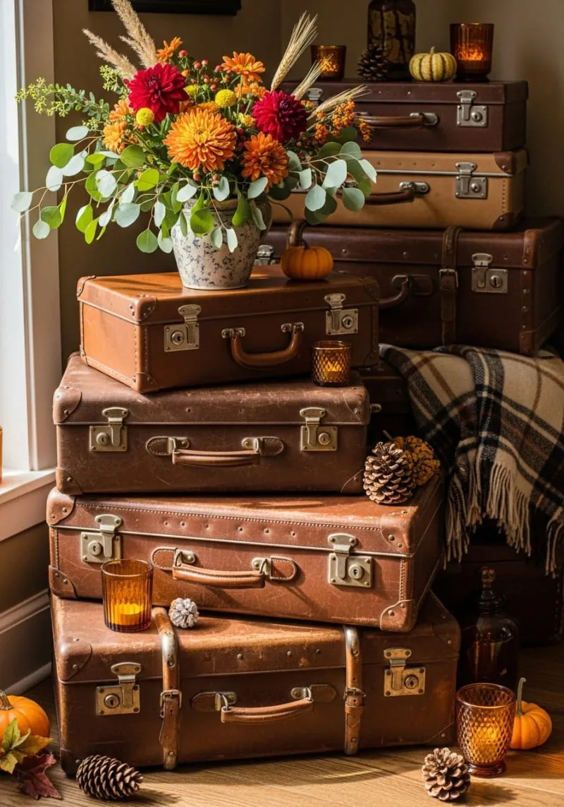 vintage suitcase stacked tables with fall floral arrangements 1