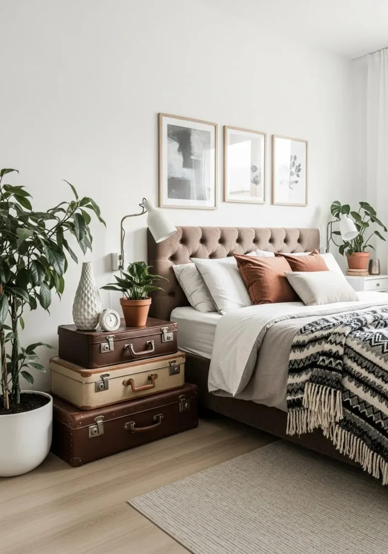 vintage suitcases stacked as a bedside table with a lamp and book on top 1