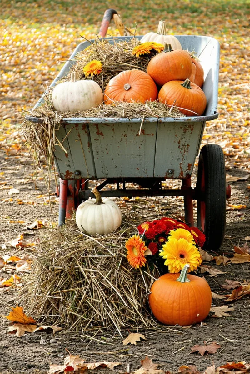 vintage wheelbarrow filled with hay, mini pumpkins, and mums 1