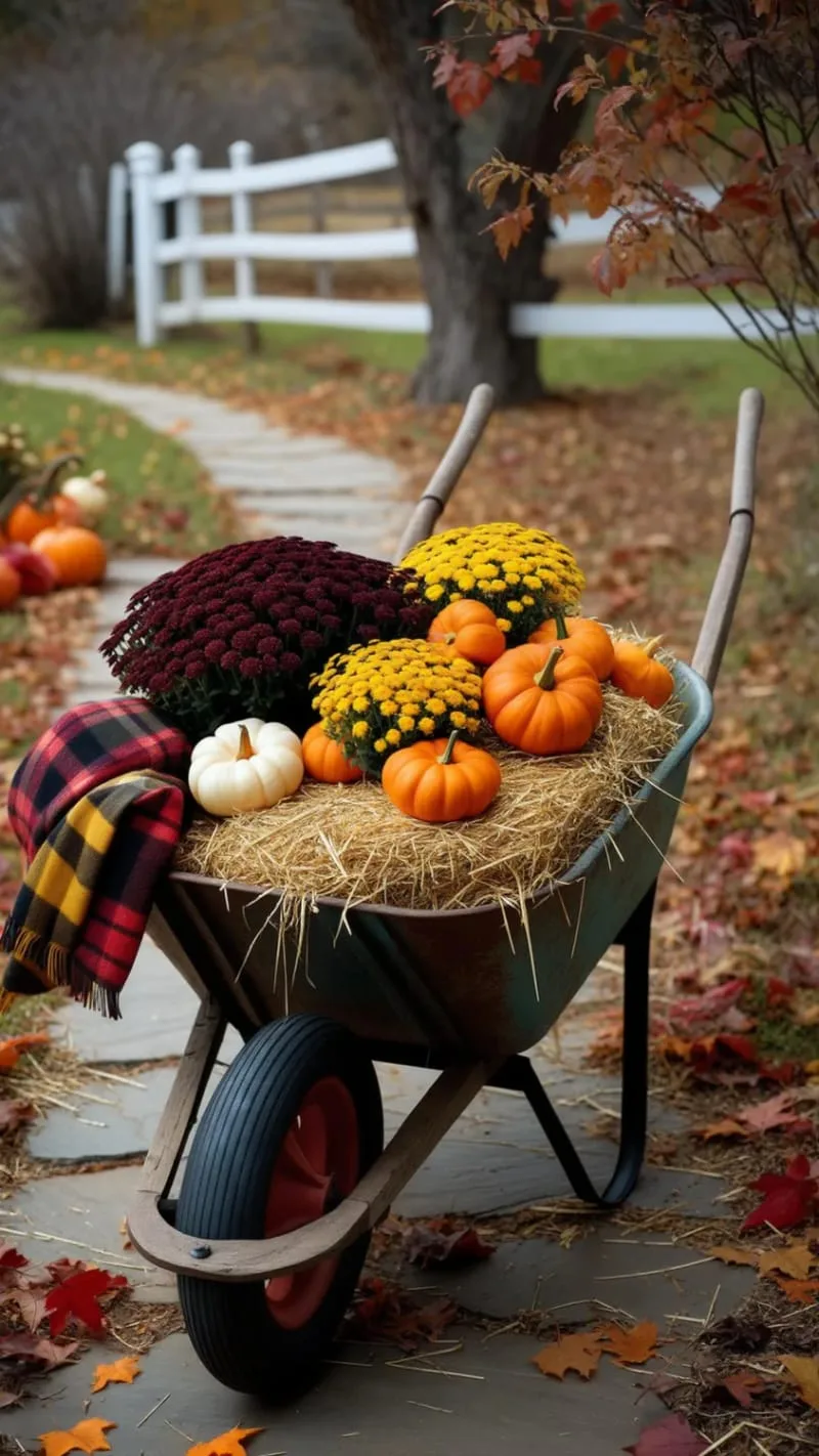 vintage wheelbarrow filled with hay, mini pumpkins, and mums 1