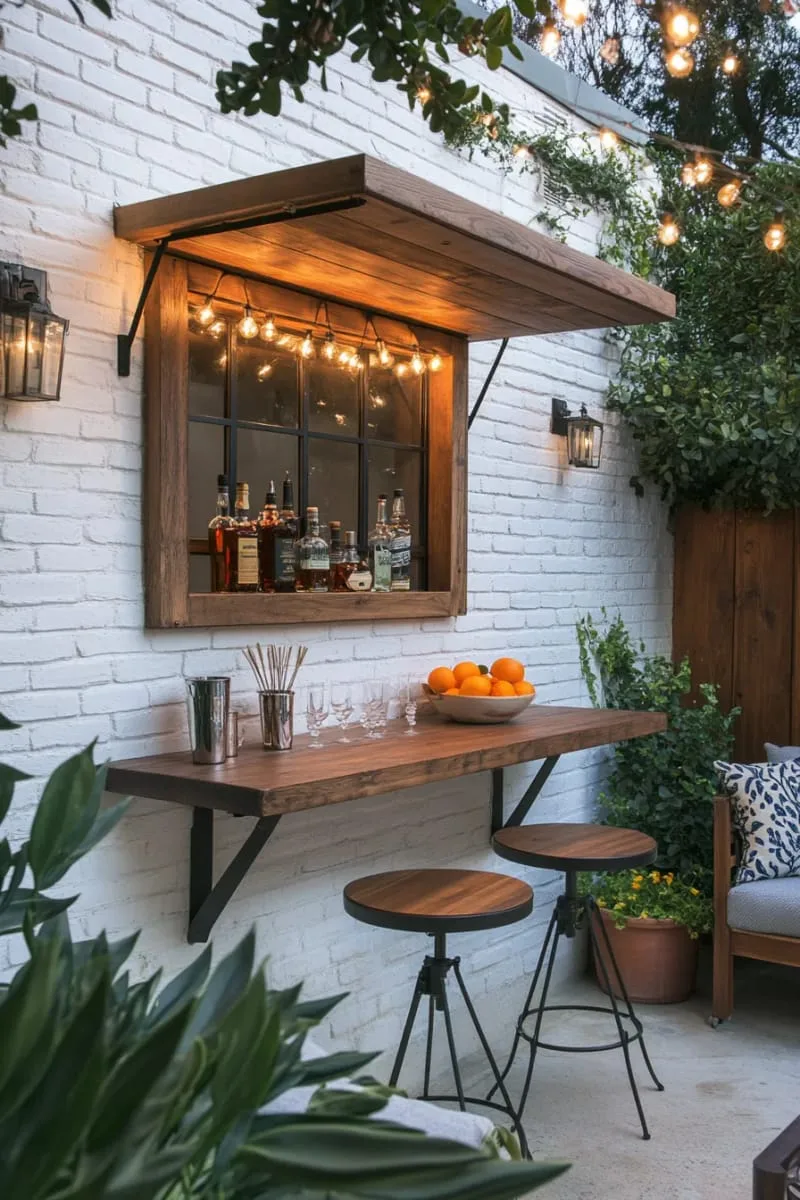 27 New Small Backyard Designs to Copy For Your Outdoor Space 53 wall-mounted fold-down bar for alfresco cocktails 1