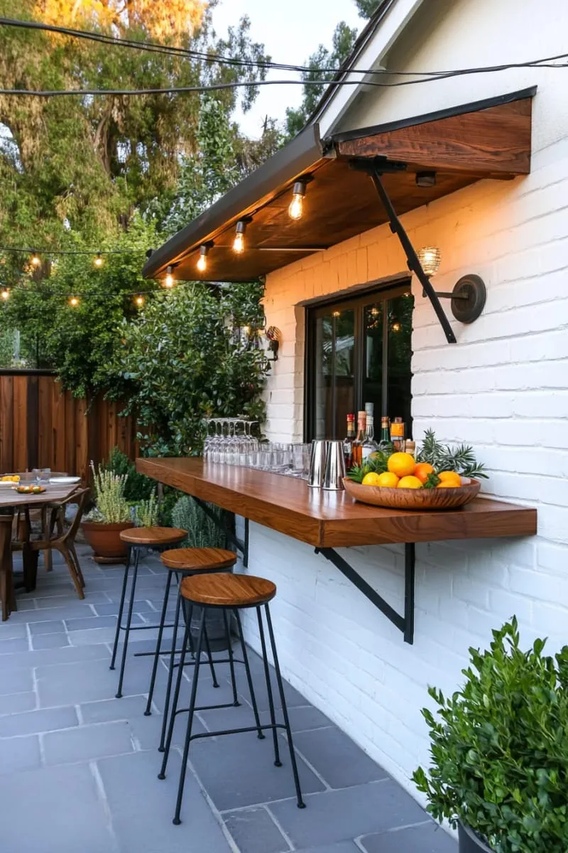 27 New Small Backyard Designs to Copy For Your Outdoor Space 55 wall-mounted fold-down bar for alfresco cocktails 1