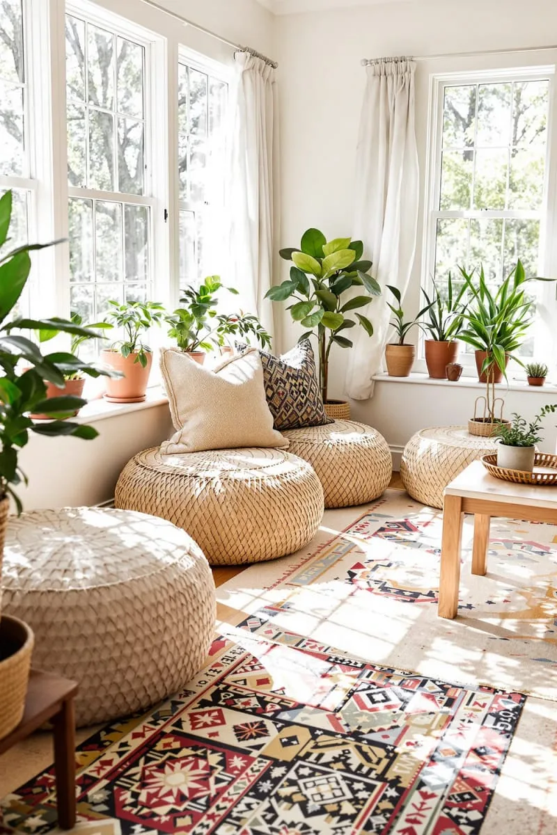 19 Small Sunroom Ideas to Brighten Small Spaces 27 warm boho rugs paired with woven poufs for relaxed lounging 1