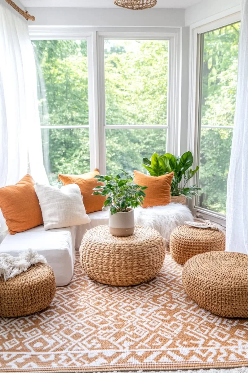 19 Small Sunroom Ideas to Brighten Small Spaces 28 warm boho rugs paired with woven poufs for relaxed lounging 1