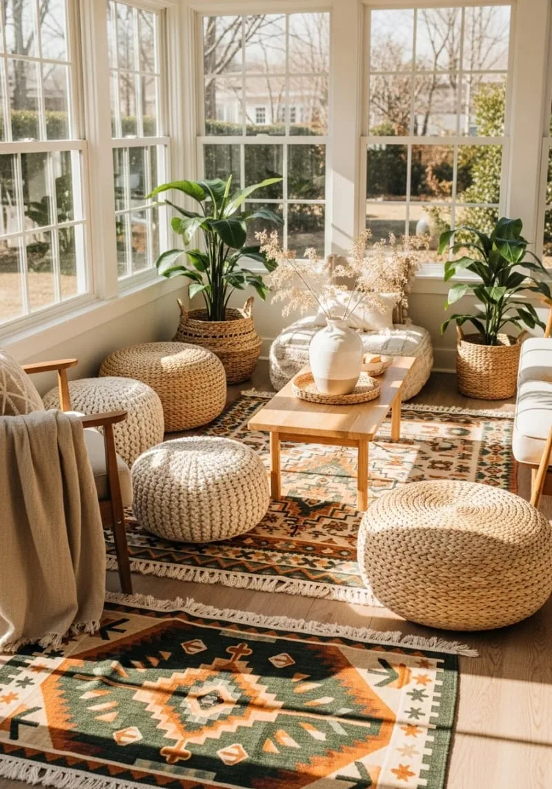19 Small Sunroom Ideas to Brighten Small Spaces 29 warm boho rugs paired with woven poufs for relaxed lounging 1