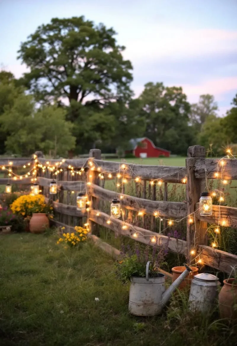 warm white fairy lights draped over split rail fencing 1