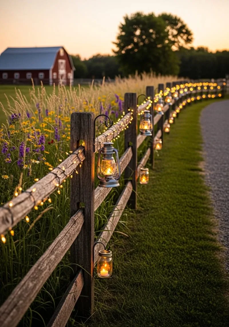 warm white fairy lights draped over split rail fencing 1