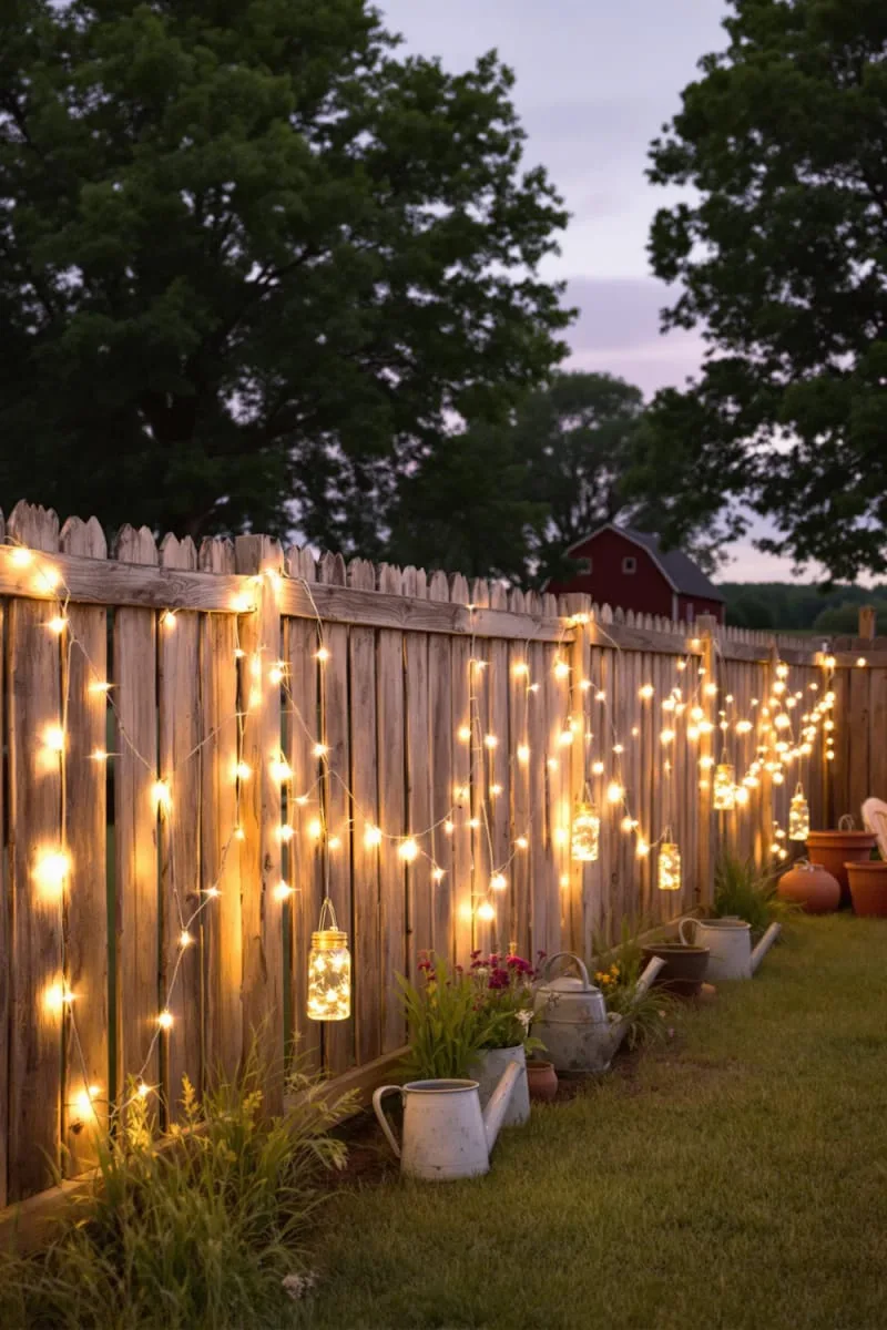warm white fairy lights draped over split rail fencing 1