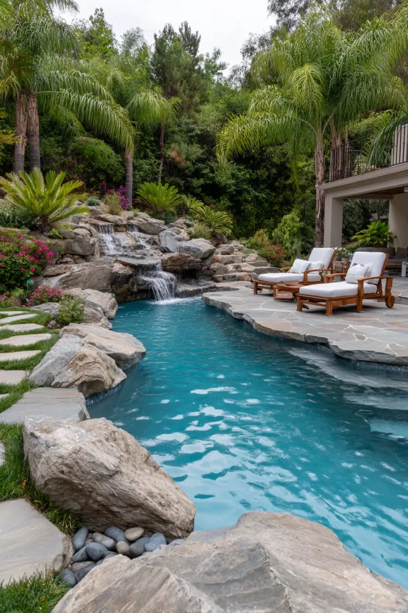 waterfall rock feature cascading into pool surrounded by lush plants 1