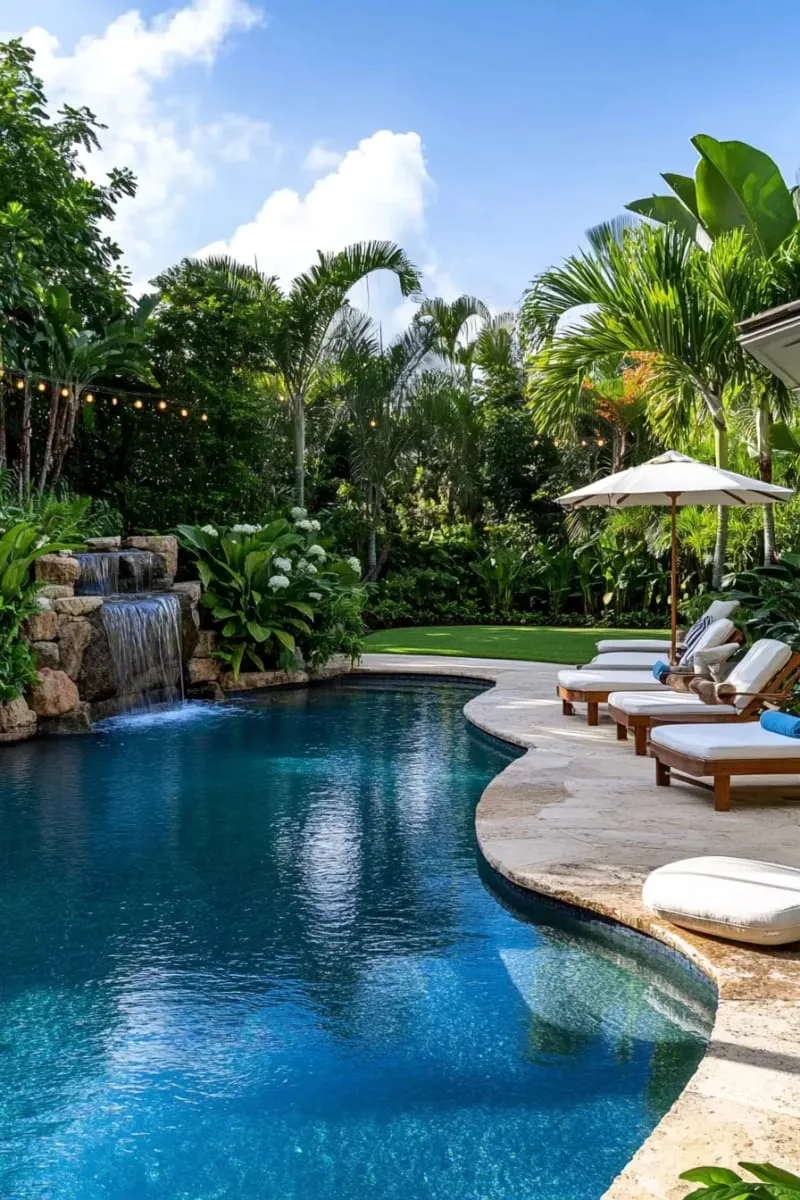 waterfall rock feature cascading into pool surrounded by lush plants 1
