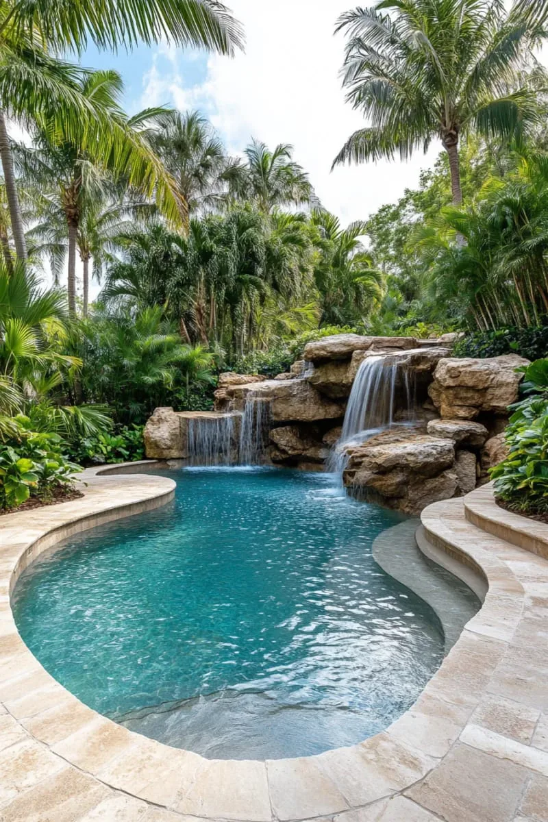 waterfall rock feature cascading into pool surrounded by lush plants 1
