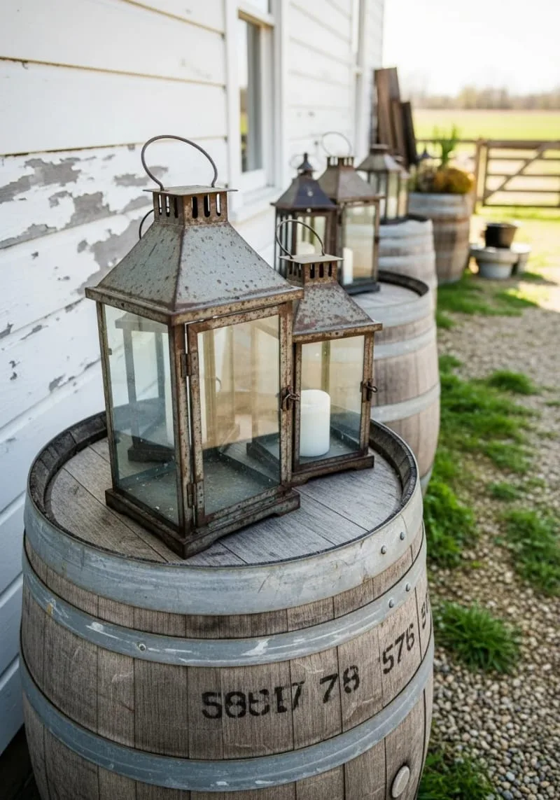 weathered lanterns clustered on wooden barrel tables 1
