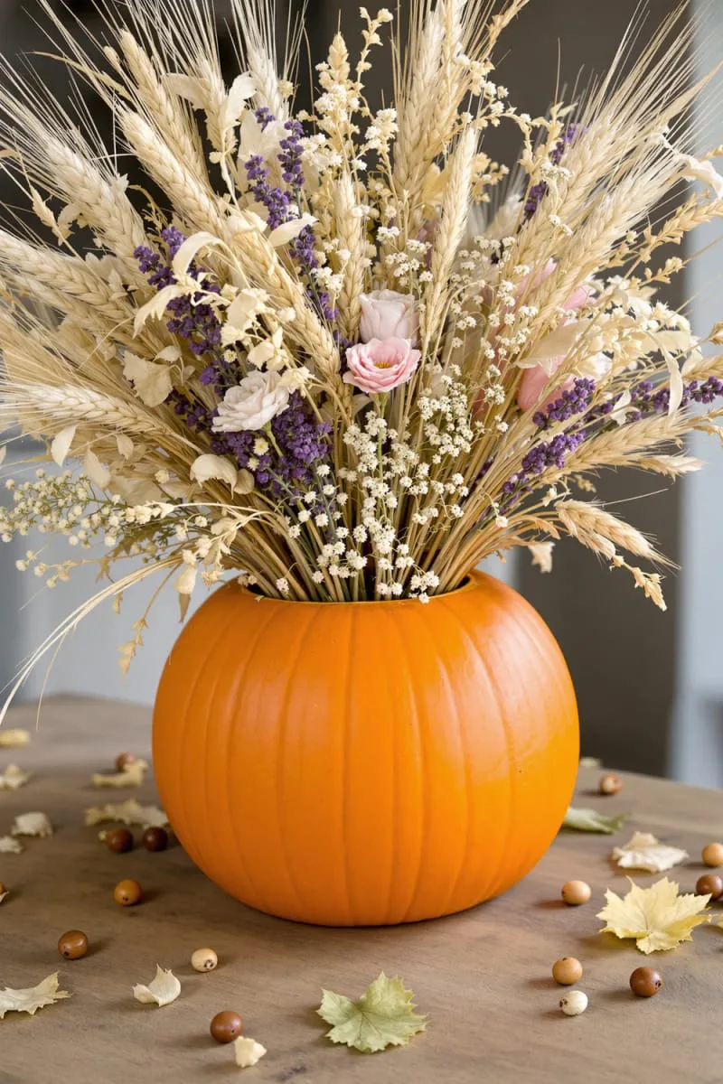 wheat and dried flower bouquet in a pumpkin vase 1