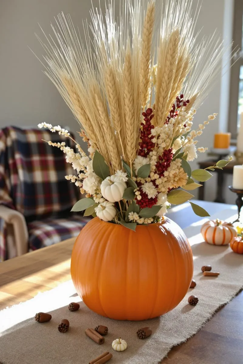 wheat and dried flower bouquet in a pumpkin vase 1