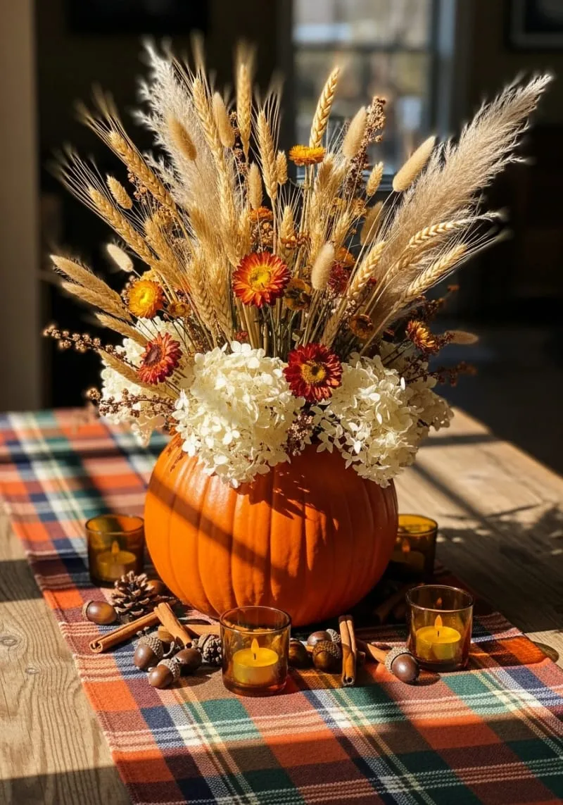 wheat and dried flower bouquet in a pumpkin vase 1