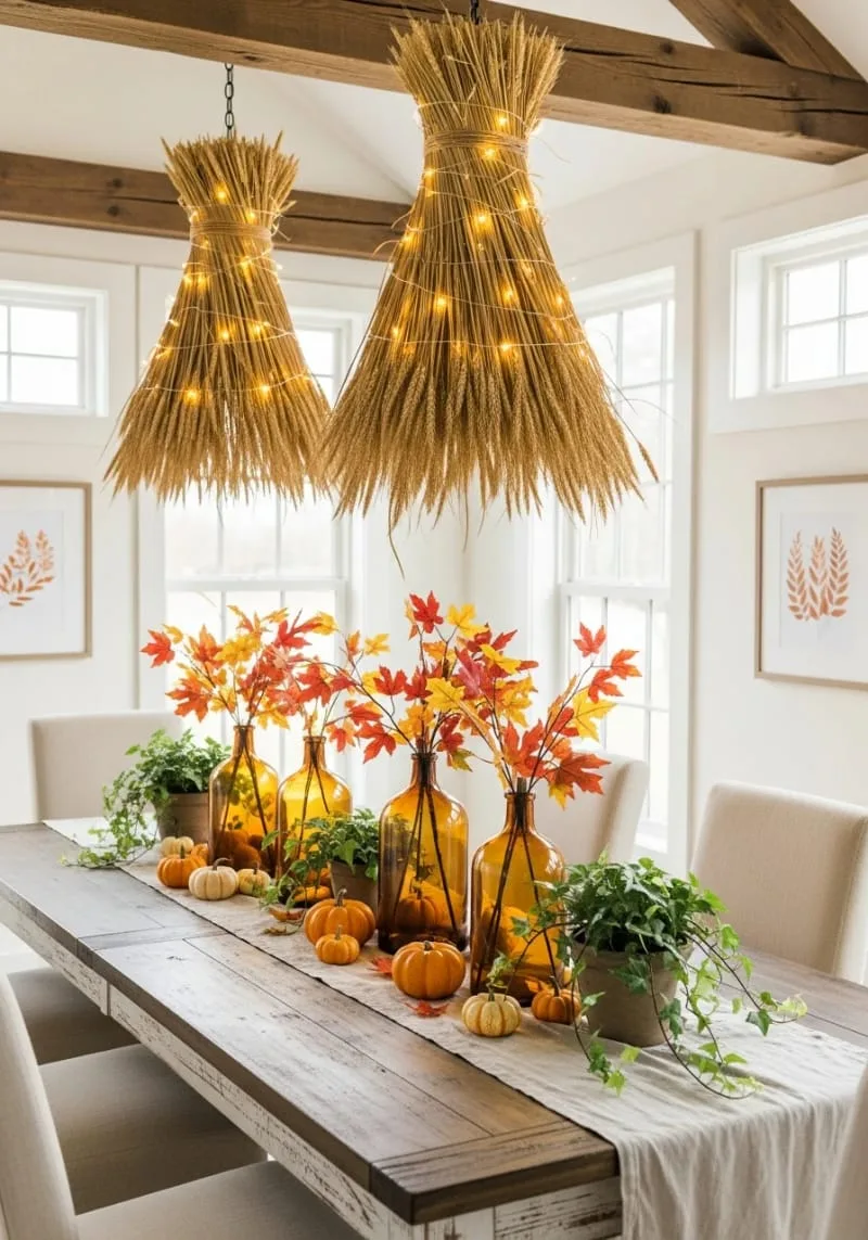 wheat bundle chandeliers glowing with fairy lights 1
