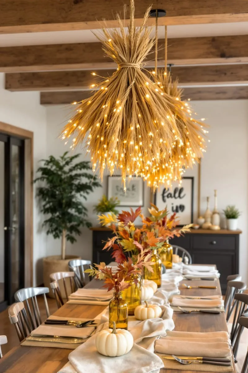 wheat bundle chandeliers glowing with fairy lights 1