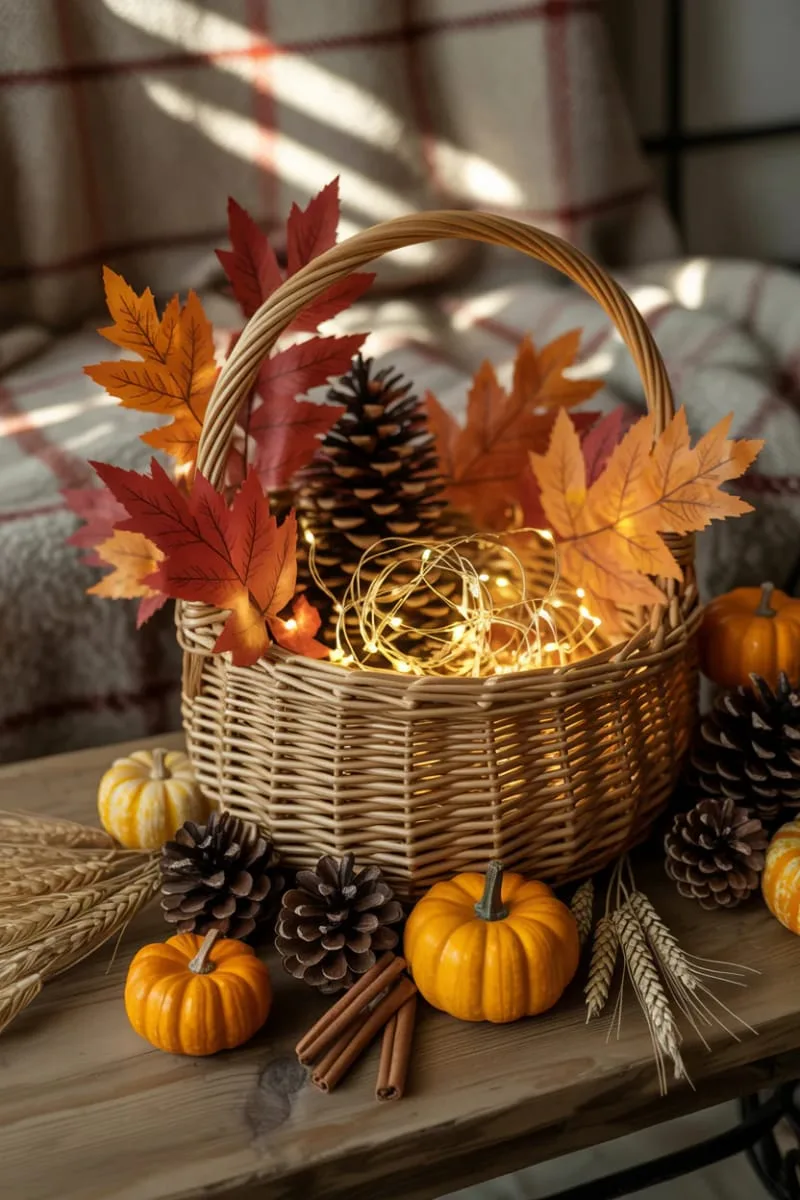 whimsical basket filled with fairy lights, pinecones, and faux leaves 1