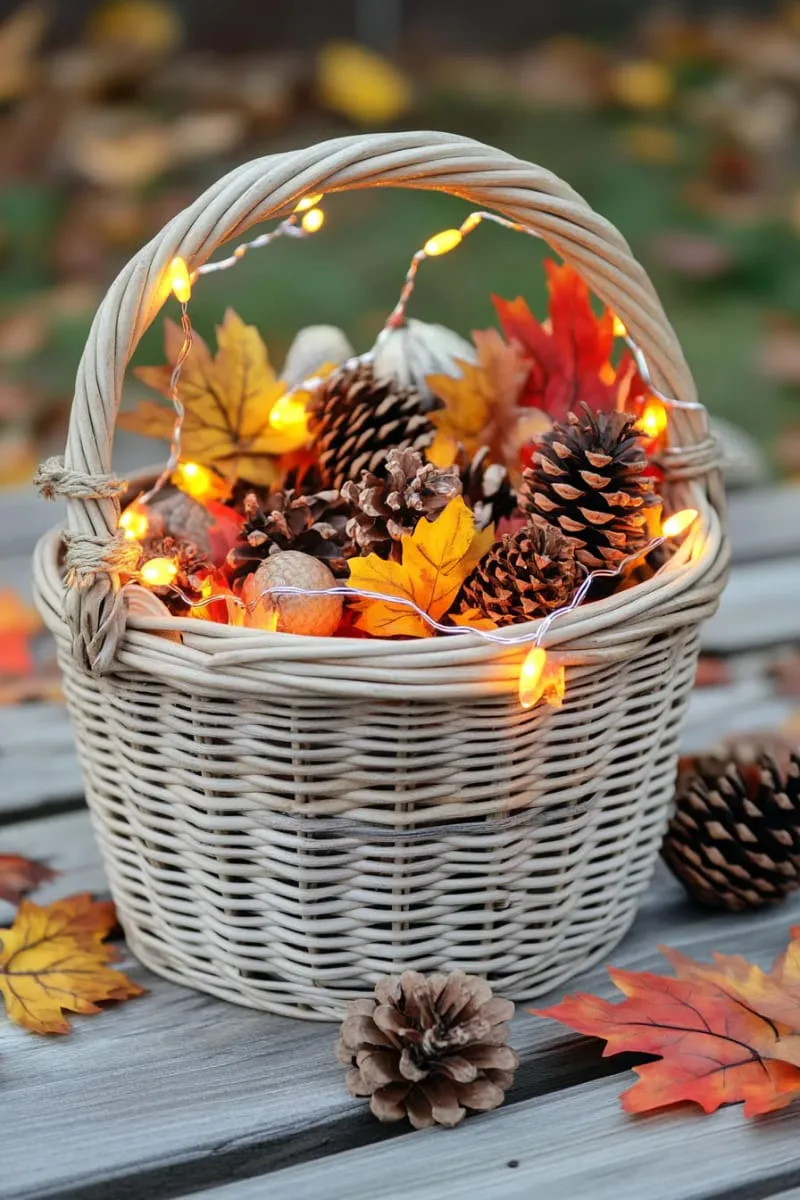 whimsical basket filled with fairy lights, pinecones, and faux leaves 1