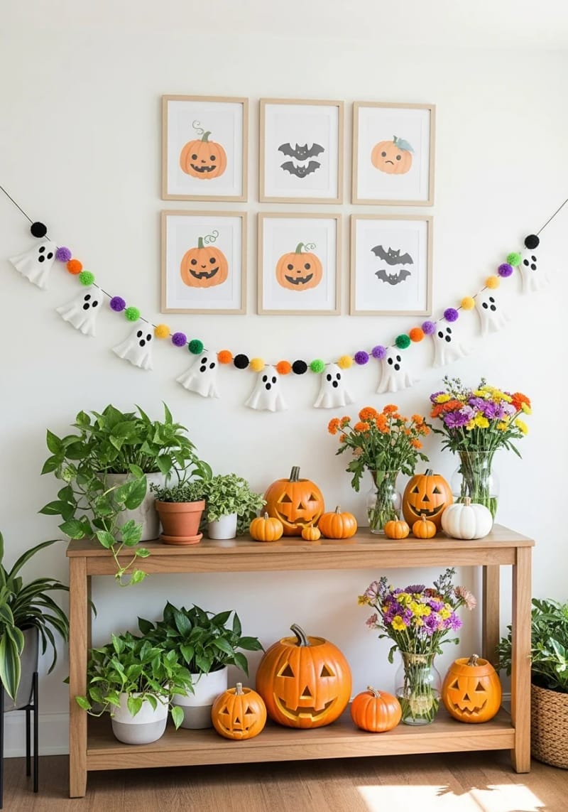 whimsical ghost garland made from felt and pom-poms 1