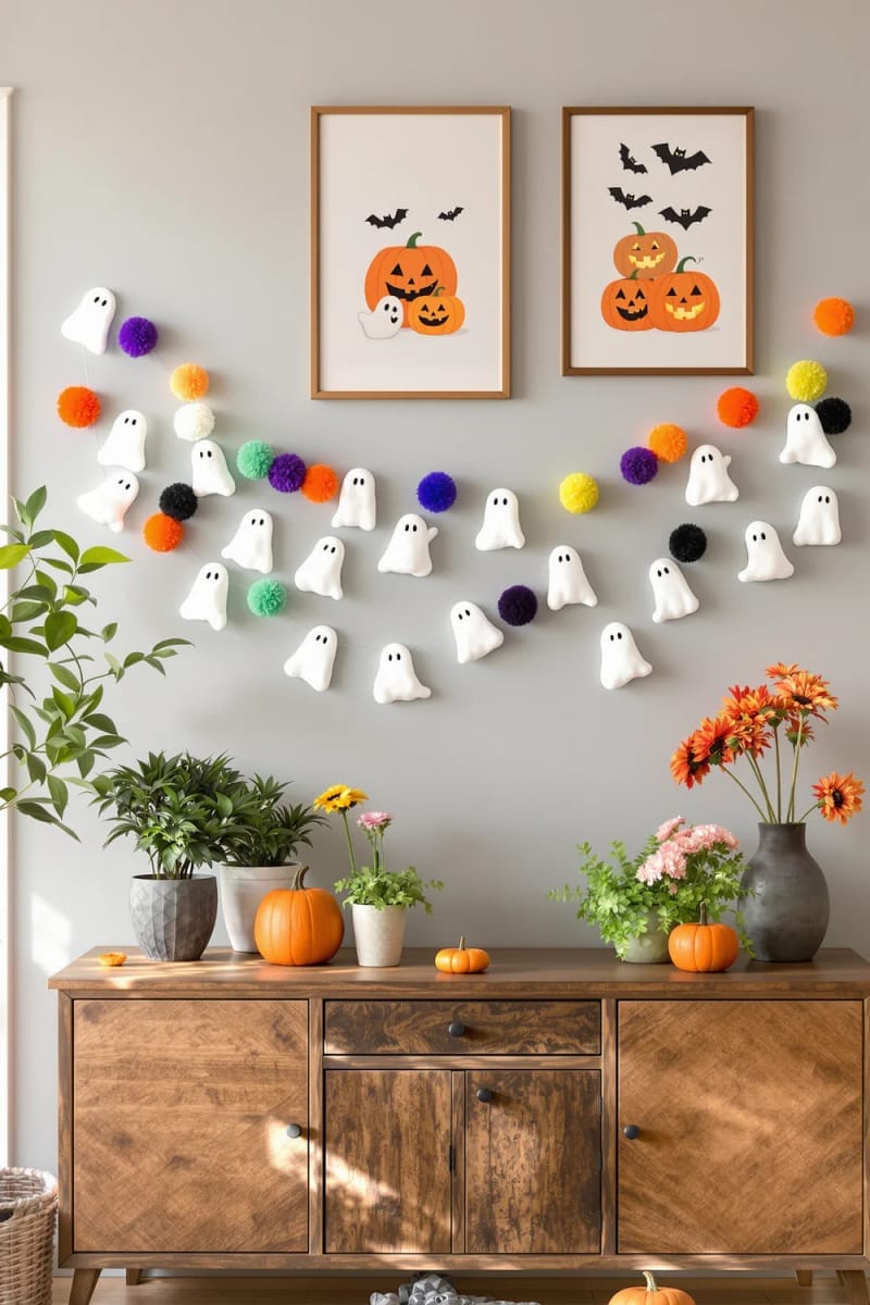 whimsical ghost garland made from felt and pom-poms 1
