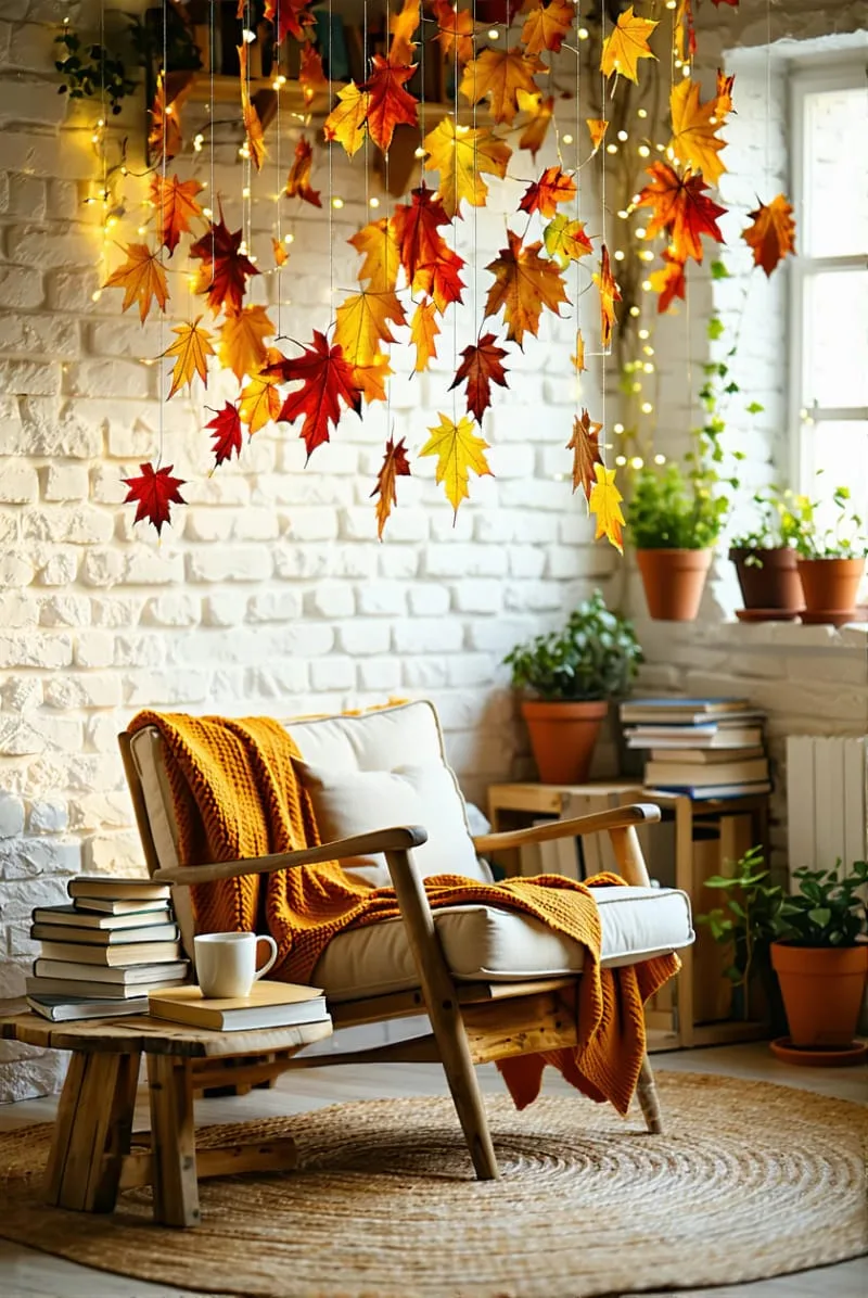 whimsical leaf mobiles hanging in a reading nook 1