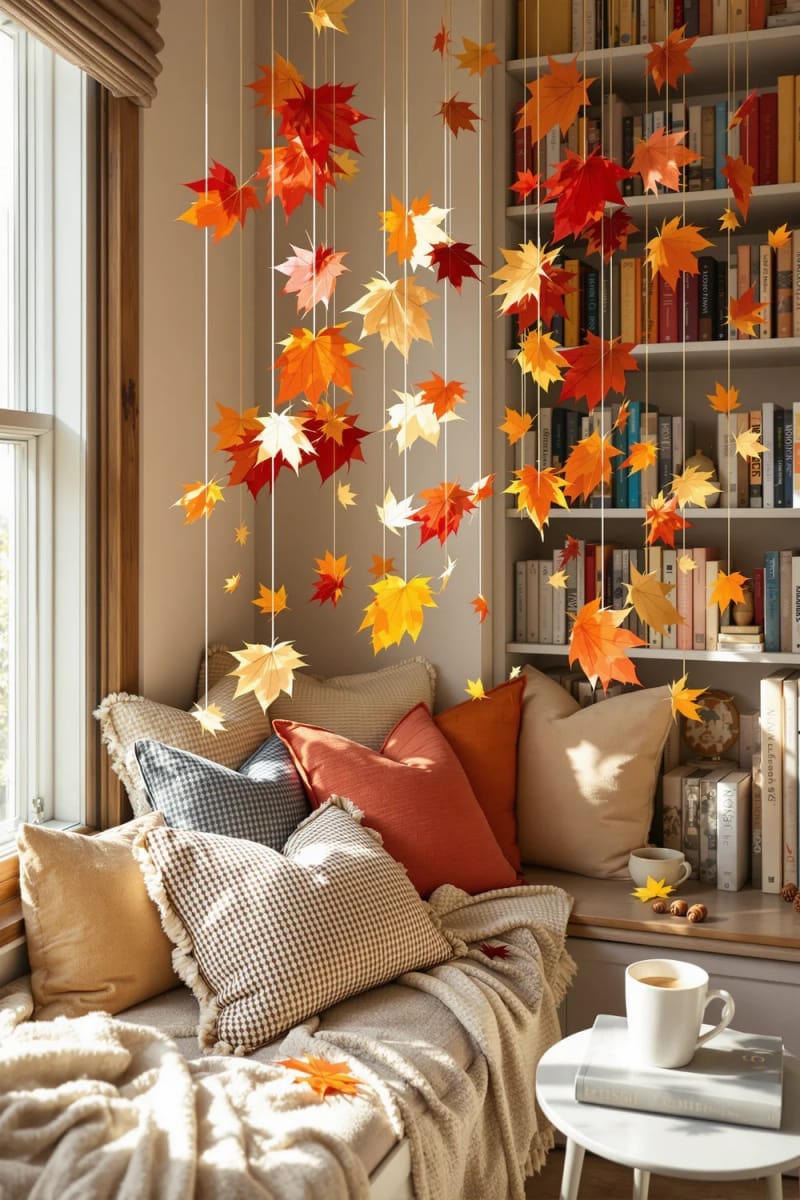 whimsical leaf mobiles hanging in a reading nook 1