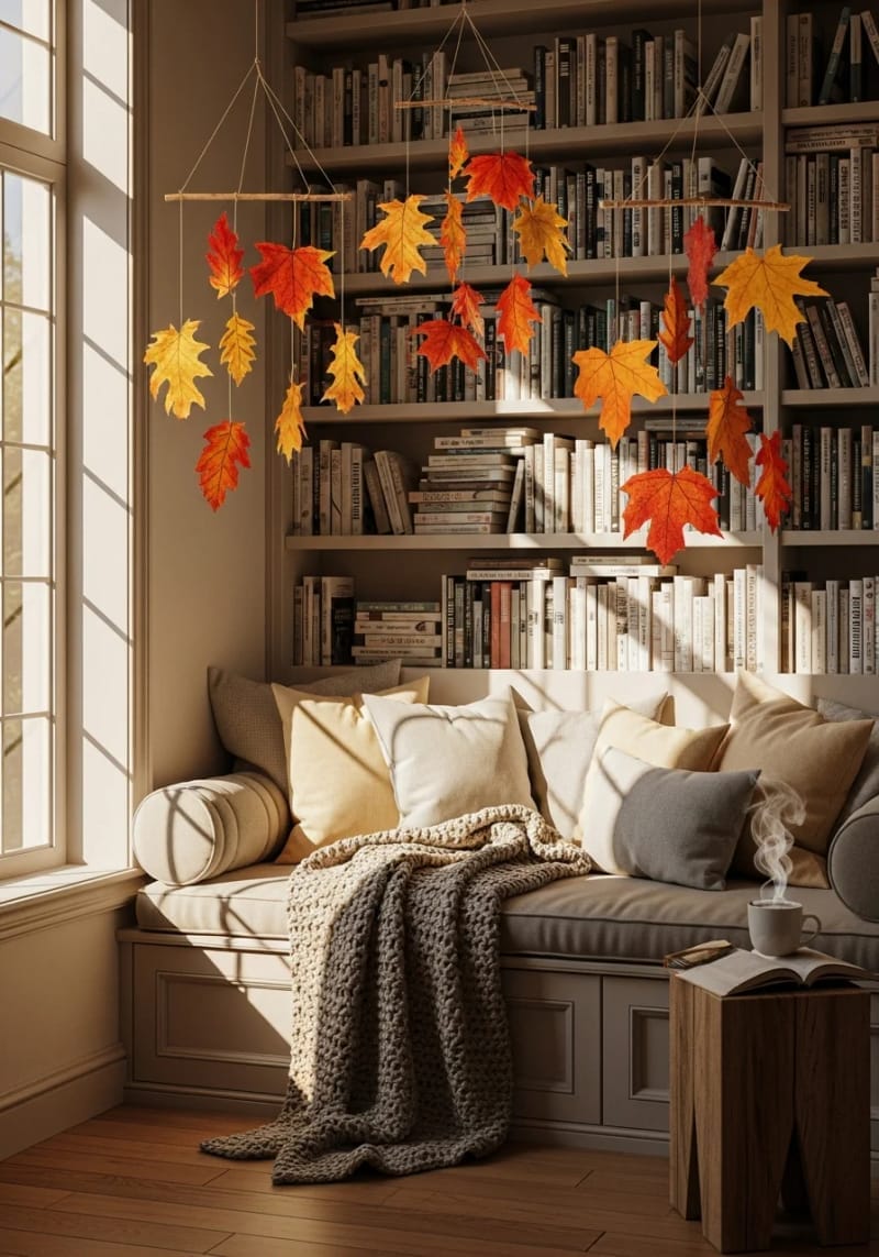 whimsical leaf mobiles hanging in a reading nook 1