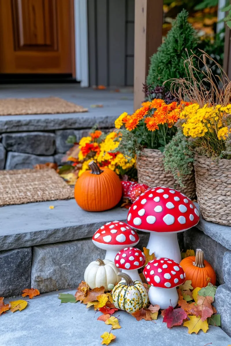 whimsical mushroom figurines nestled among fallen leaves 1 whimsical mushroom figurines nestled among fallen leaves 1